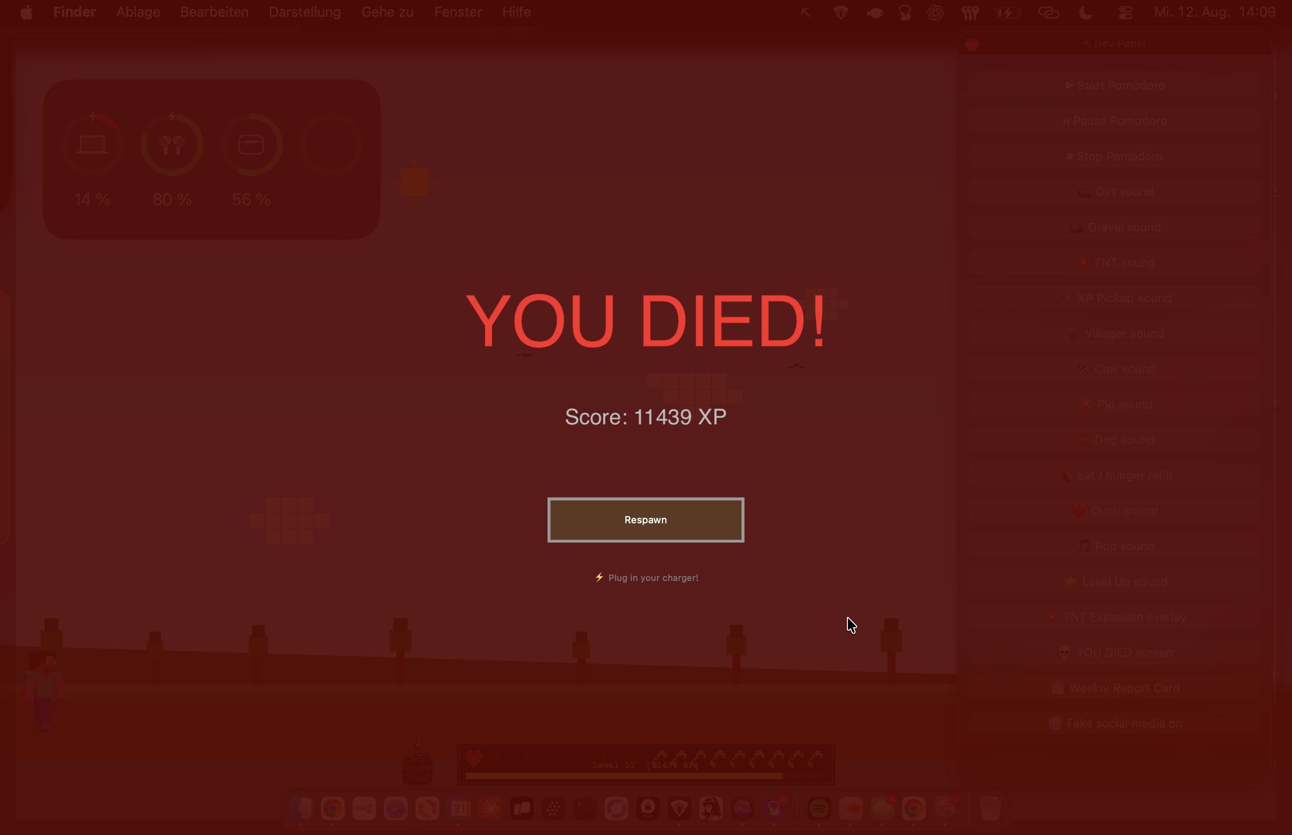 PixelHUD low-battery death screen