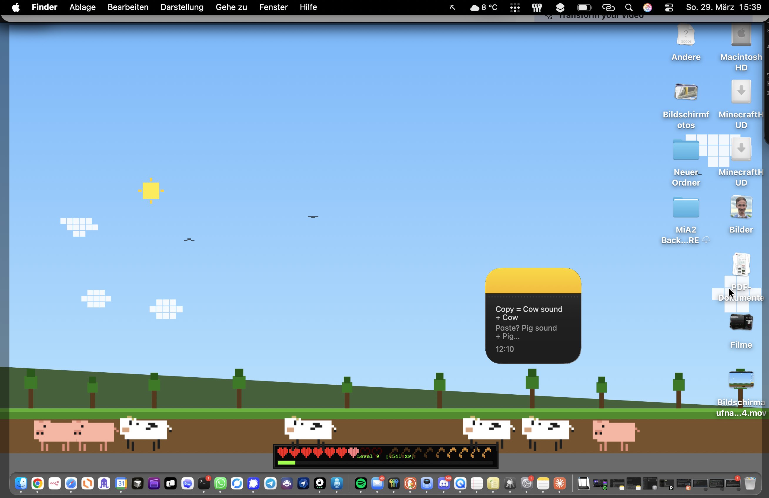 PixelHUD app on Mac desktop showing Minecraft-style health hearts, hunger drumsticks, XP bar, and a walking pixel cow during a coding session.
