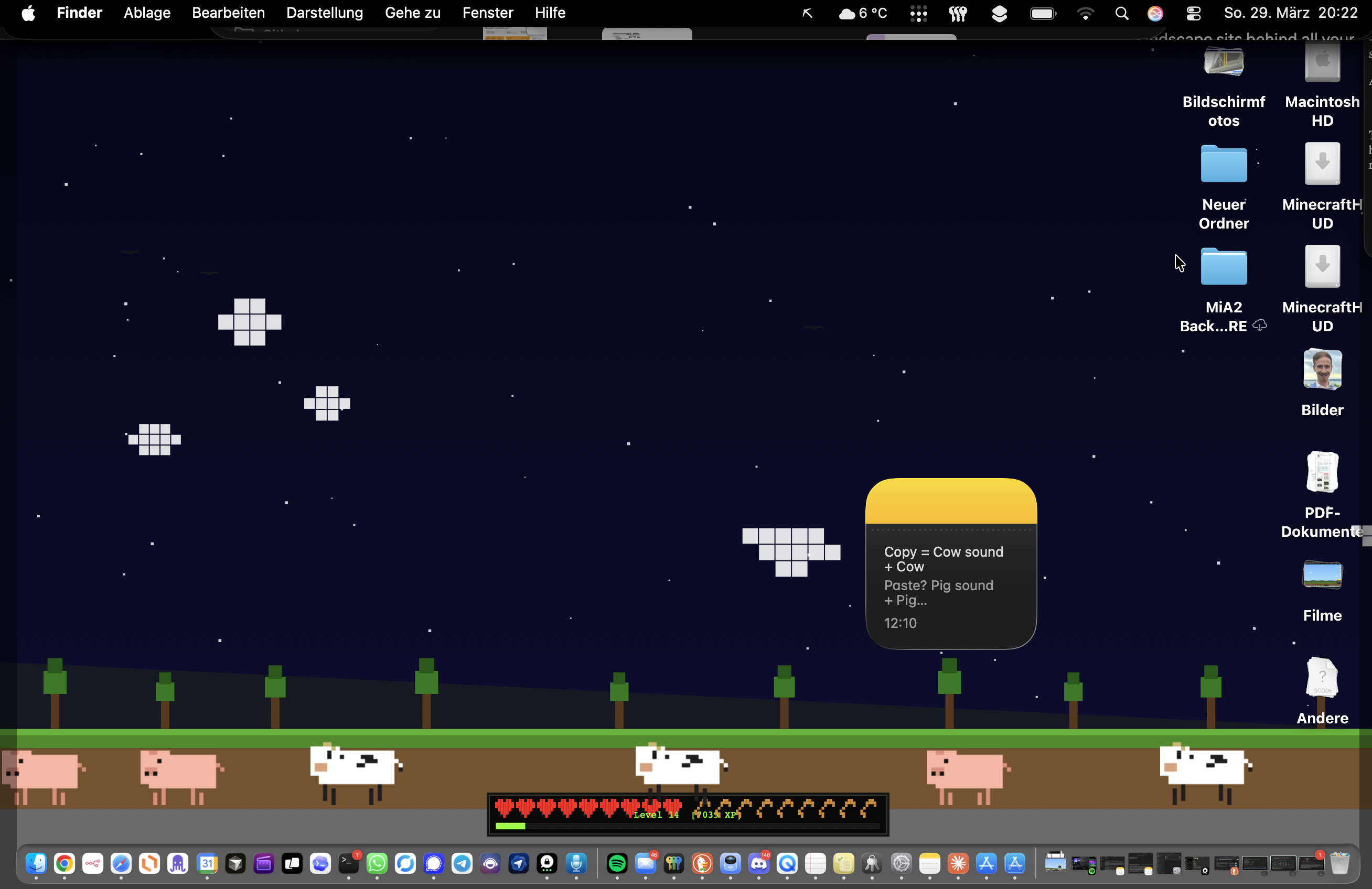 PixelHUD gamification app for Mac showing hunger bar drain from social media and XP gain from productive work.